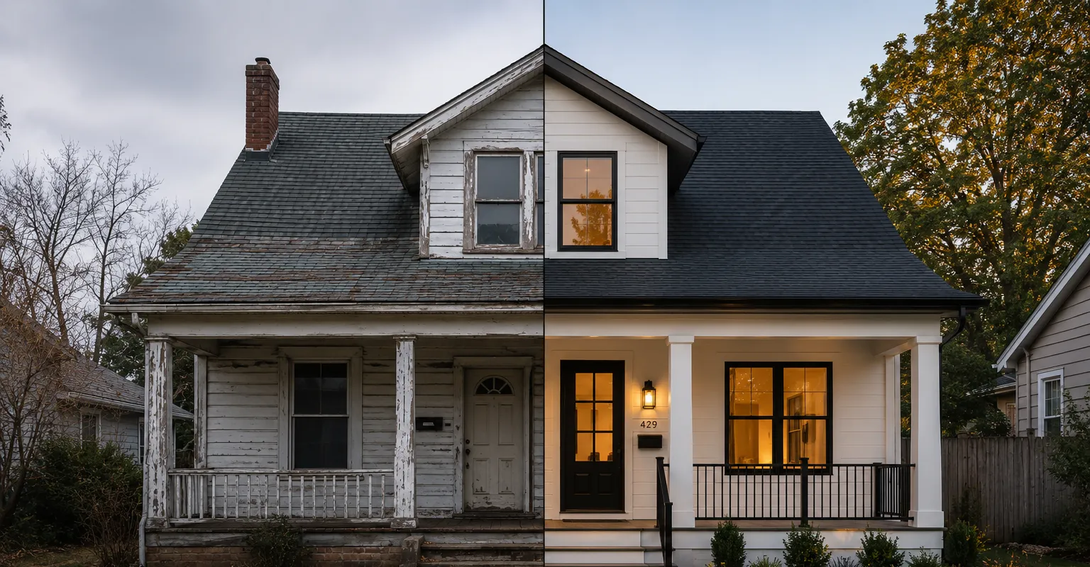 The same American single-family home shown in two states: on the left, the property before renovation, with weathered siding, peeling paint and an overgrown yard; on the right, the same house after a professional flip, with a renovated facade, new windows, a rebuilt porch and landscaped grounds.